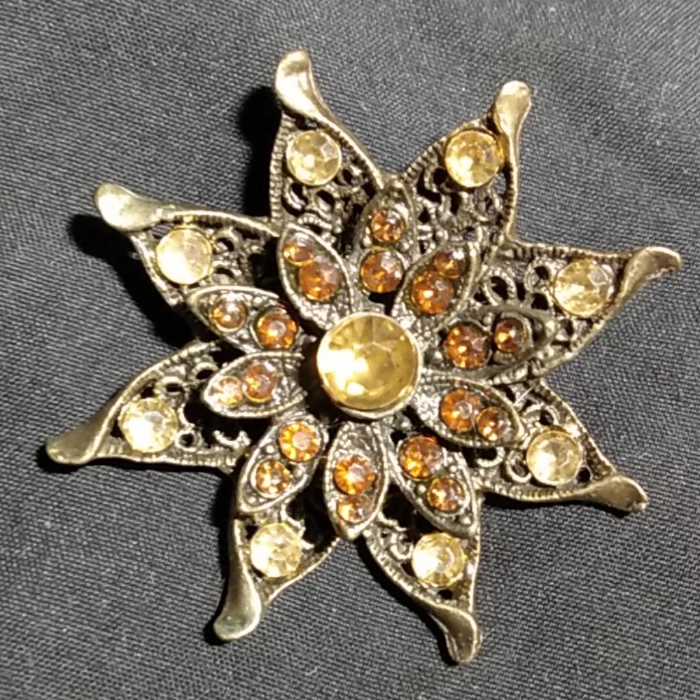 Bronze Tone Flower Brooch with Amber Rhinestones
